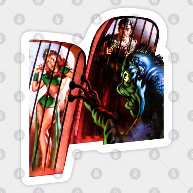 Sexy Woman Man from Planet Earth Prisoners of Alien Monster Cage Bar Retro Comic Vintage Cartoon Sticker by REVISTANGO